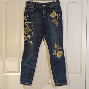 INC Womens Jeans Sz 8 Dark Wash Embroidered Floral Skinny Boho Chic Cottagecore